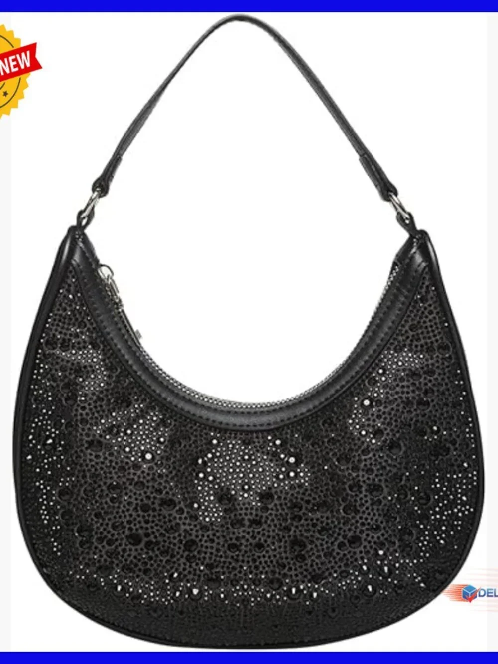 Mini Vegan Leather Hobo Bag with Rhinestones, Crossbody Strap
